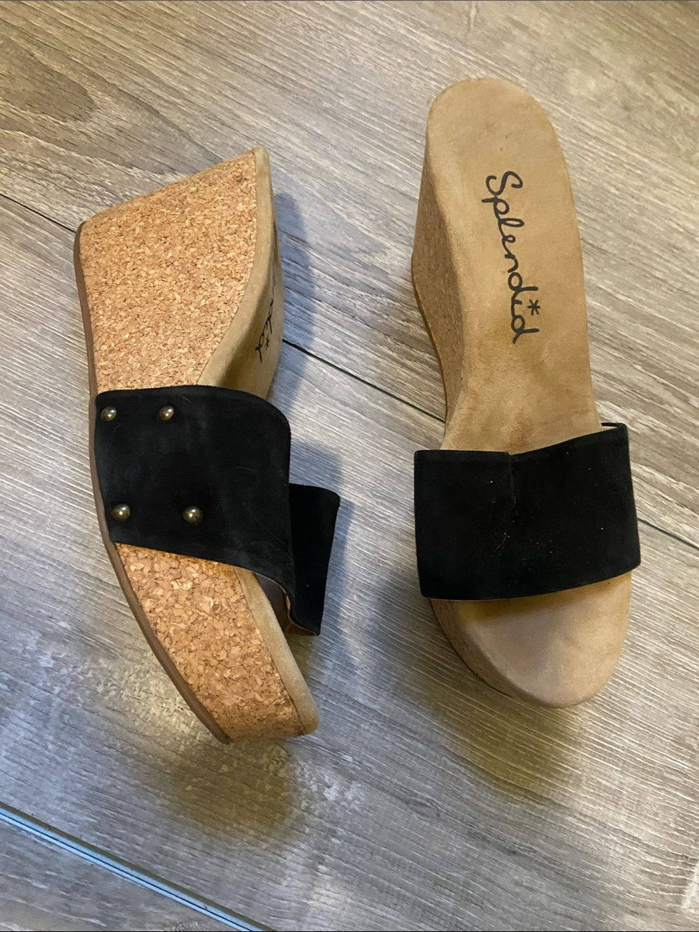 Splendid Black Suede Cork Wedge Slide Sandals